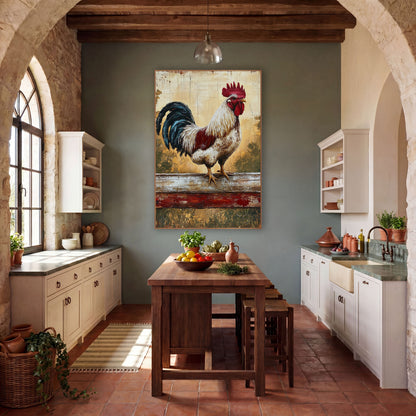 Crimson Rooster Rustic Farmhouse wall art in a farmhouse-style room – white and red rooster with teal tail feathers