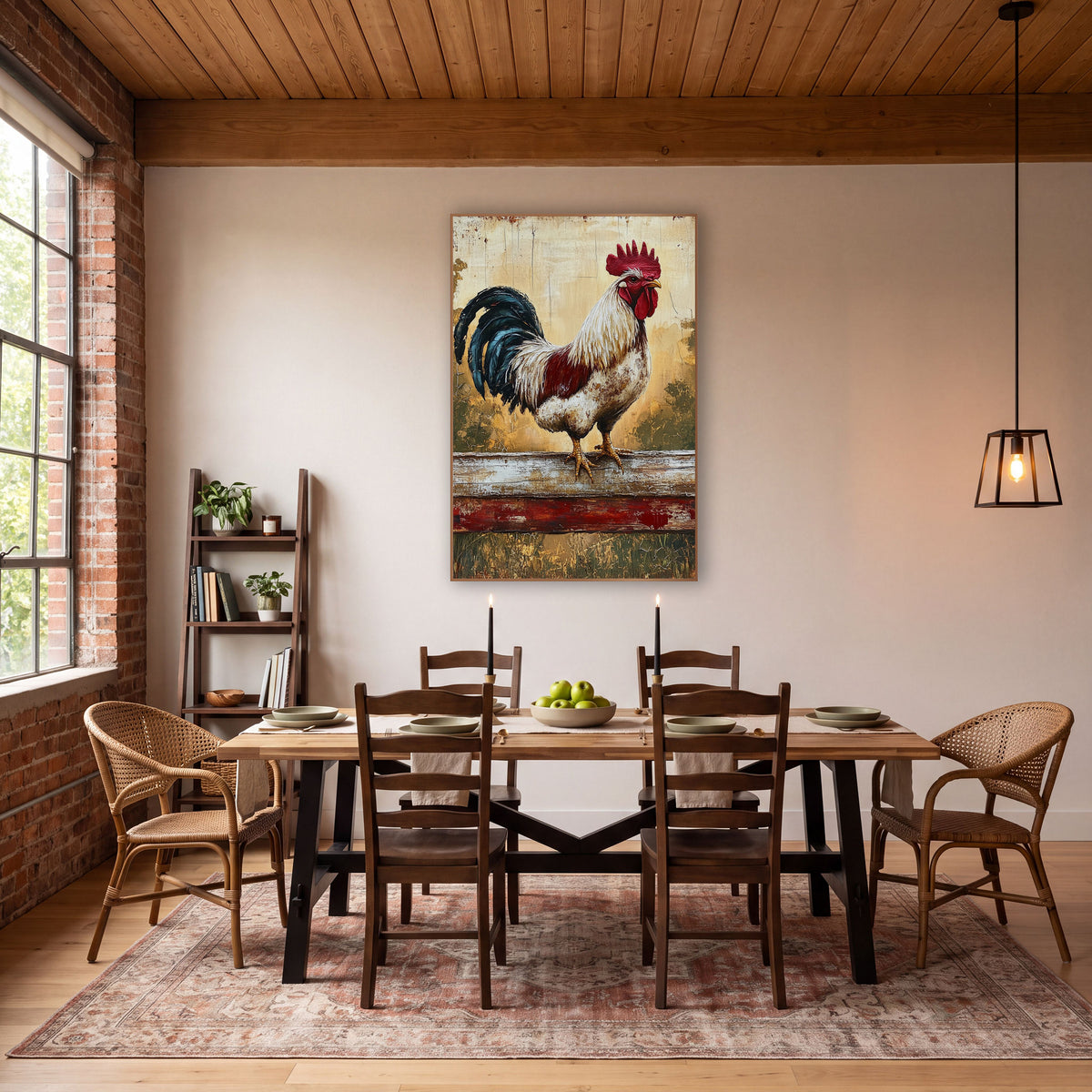Crimson Rooster Rustic Farmhouse wall art in a farmhouse-style room – white and red rooster with teal tail feathers