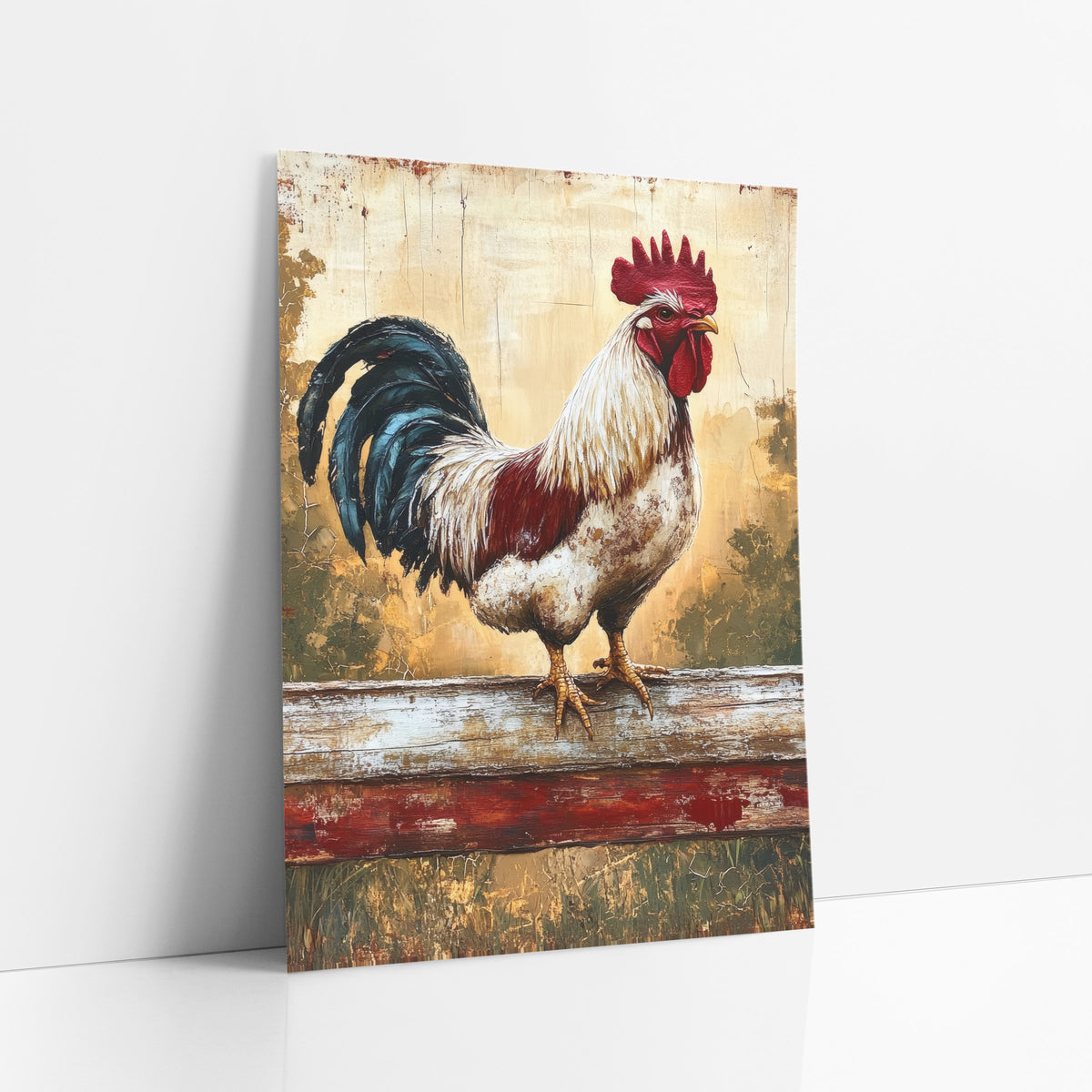 Crimson Rooster Rustic Farmhouse art print leaning against a white wall – white and red rooster with teal tail feathers
