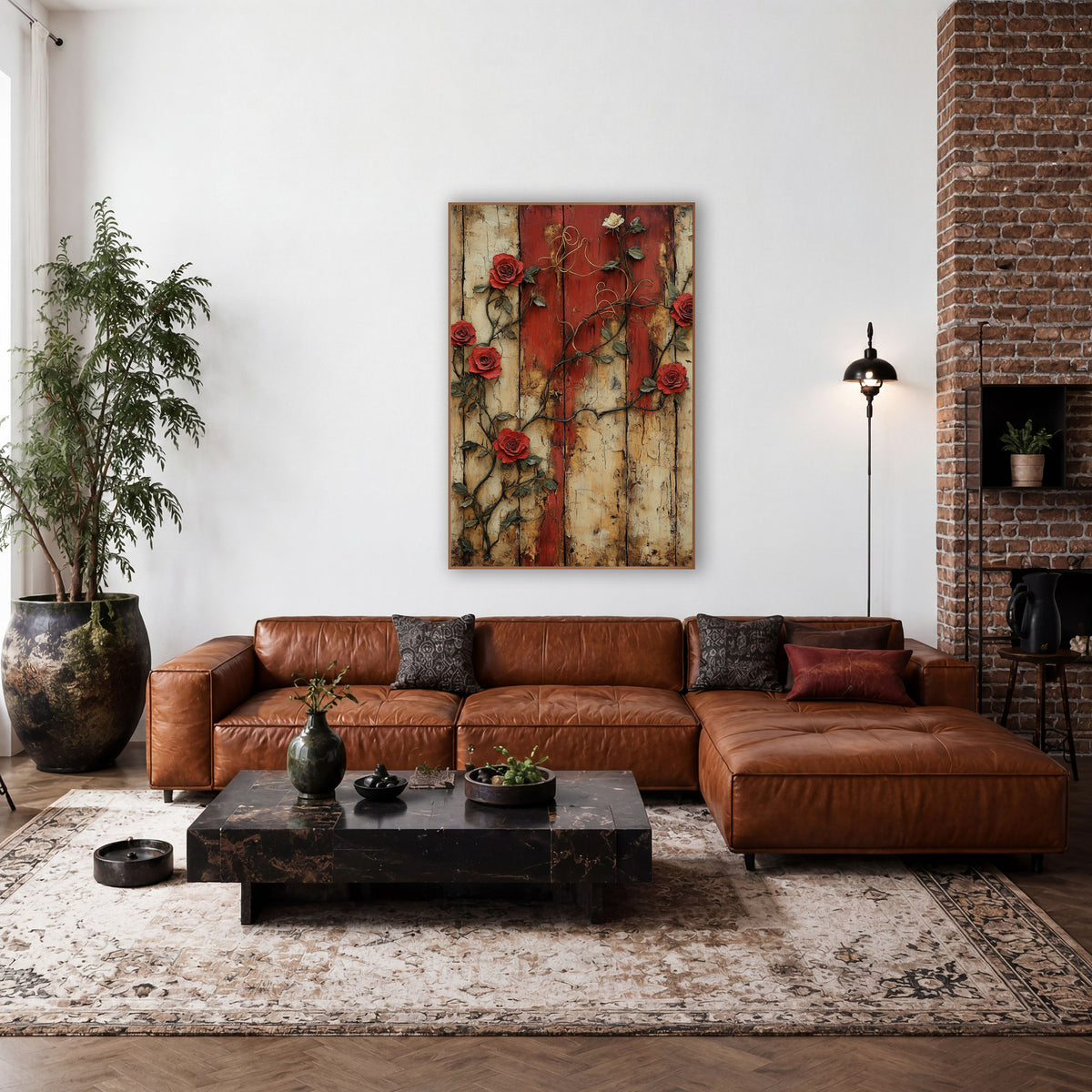 Red Climbing Roses Rustic Farmhouse wall art in a farmhouse-style room – red climbing roses and dark vines across