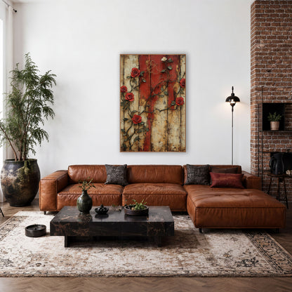 Red Climbing Roses Rustic Farmhouse wall art in a farmhouse-style room – red climbing roses and dark vines across