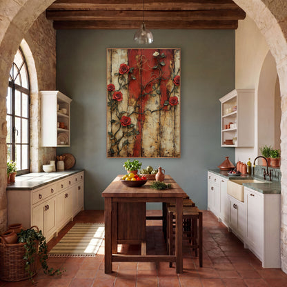 Red Climbing Roses Rustic Farmhouse wall art in a farmhouse-style room – red climbing roses and dark vines across