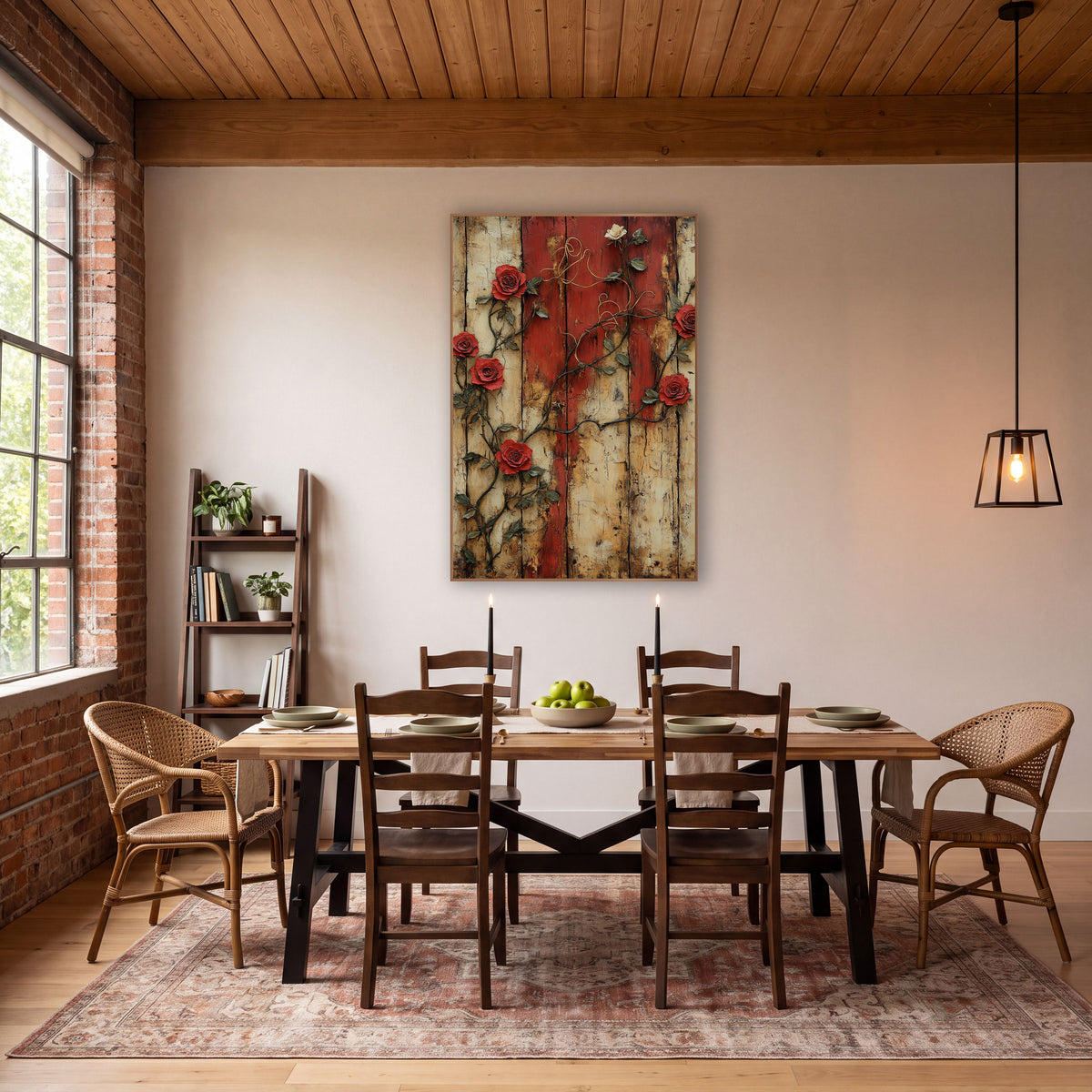 Red Climbing Roses Rustic Farmhouse wall art in a farmhouse-style room – red climbing roses and dark vines across