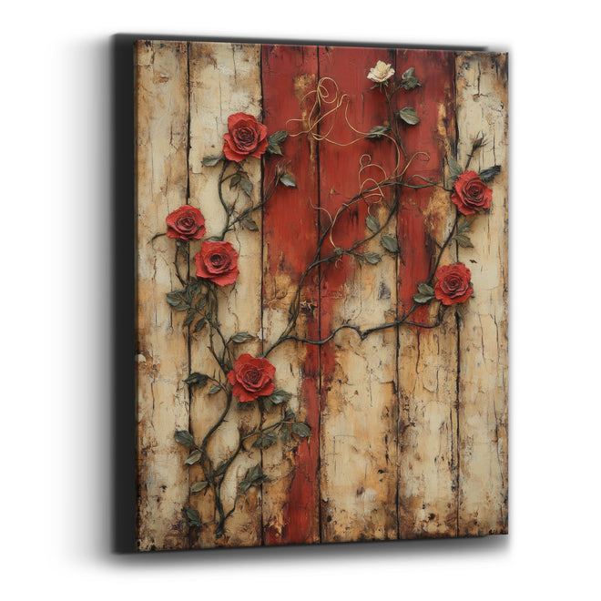 Red Climbing Roses Rustic Farmhouse Canvas Wall Art