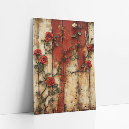 Red Climbing Roses Rustic Farmhouse art print leaning against a white wall – red climbing roses and dark vines across