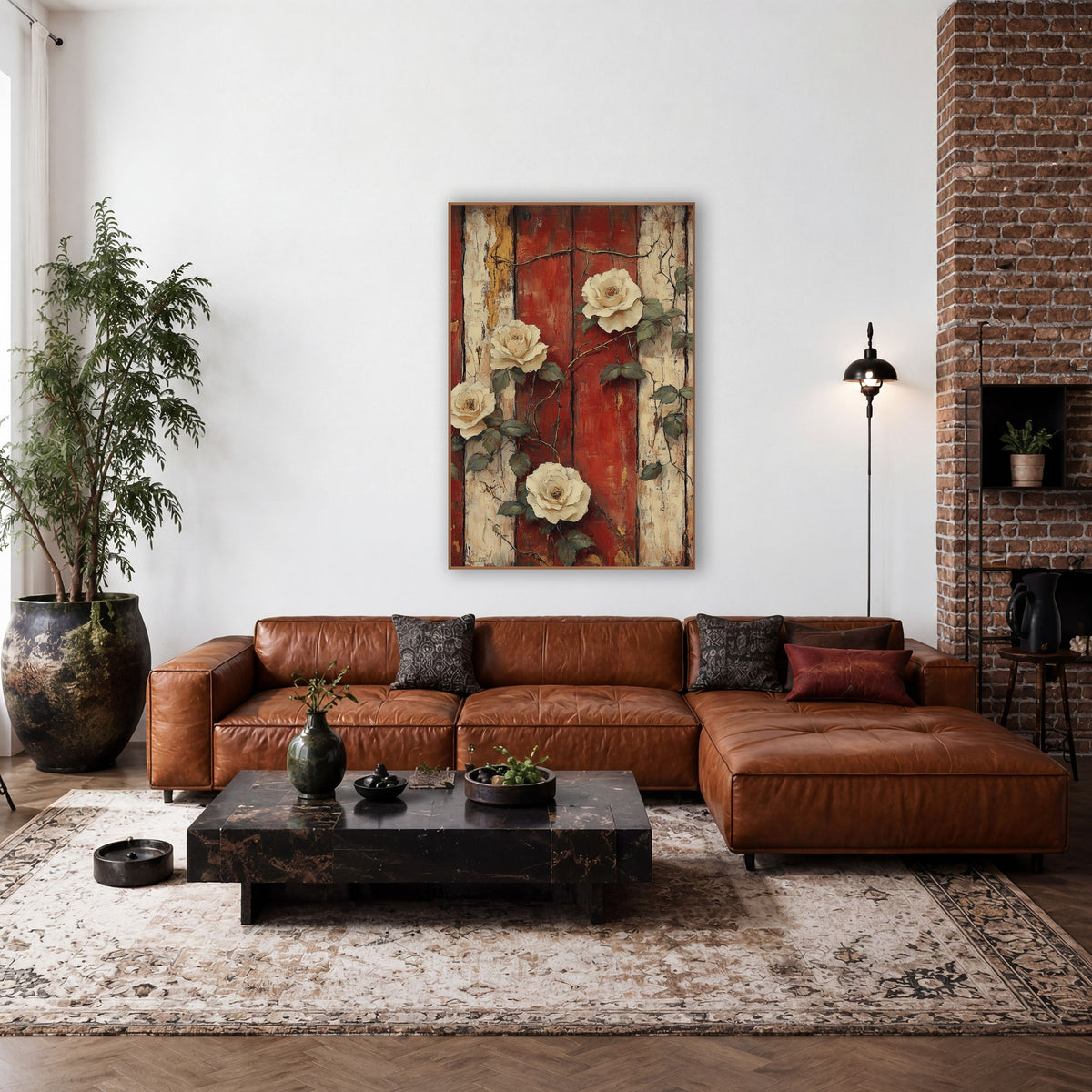 Four Cream Roses Red Planks Rustic wall art in a farmhouse-style room – four cream roses with thorny vines and green