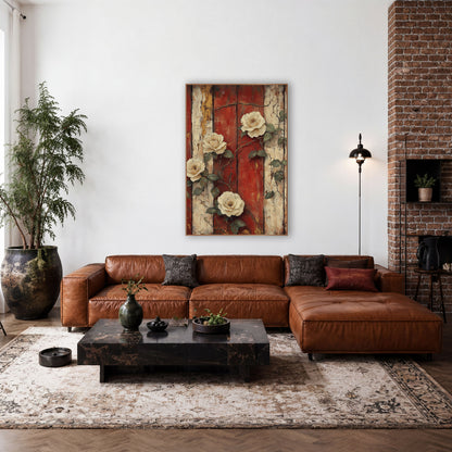Four Cream Roses Red Planks Rustic wall art in a farmhouse-style room – four cream roses with thorny vines and green