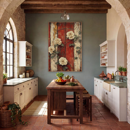 Four Cream Roses Red Planks Rustic wall art in a farmhouse-style room – four cream roses with thorny vines and green
