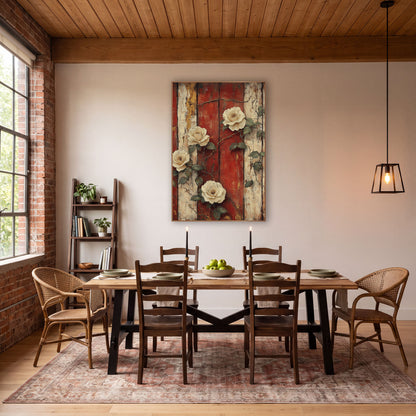 Four Cream Roses Red Planks Rustic wall art in a farmhouse-style room – four cream roses with thorny vines and green