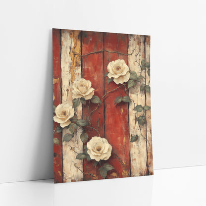 Four Cream Roses Red Planks Rustic art print leaning against a white wall – four cream roses with thorny vines and green