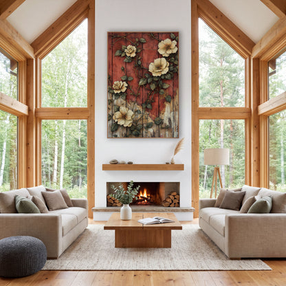 Open Gold Blossoms Crackled Rustic wall art in a farmhouse-style room – cream roses and green leaves climbing across