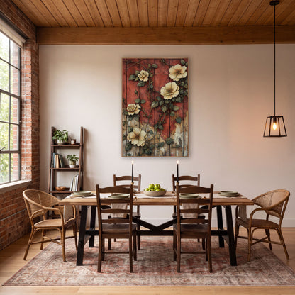 Open Gold Blossoms Crackled Rustic wall art in a farmhouse-style room – cream roses and green leaves climbing across