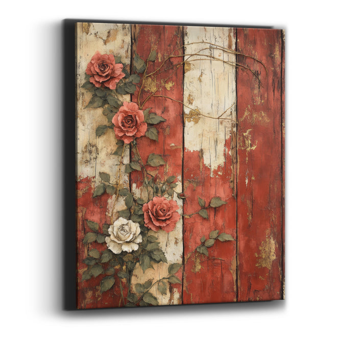 Climbing Roses Red Barnwood Farmhouse Canvas Wall Art