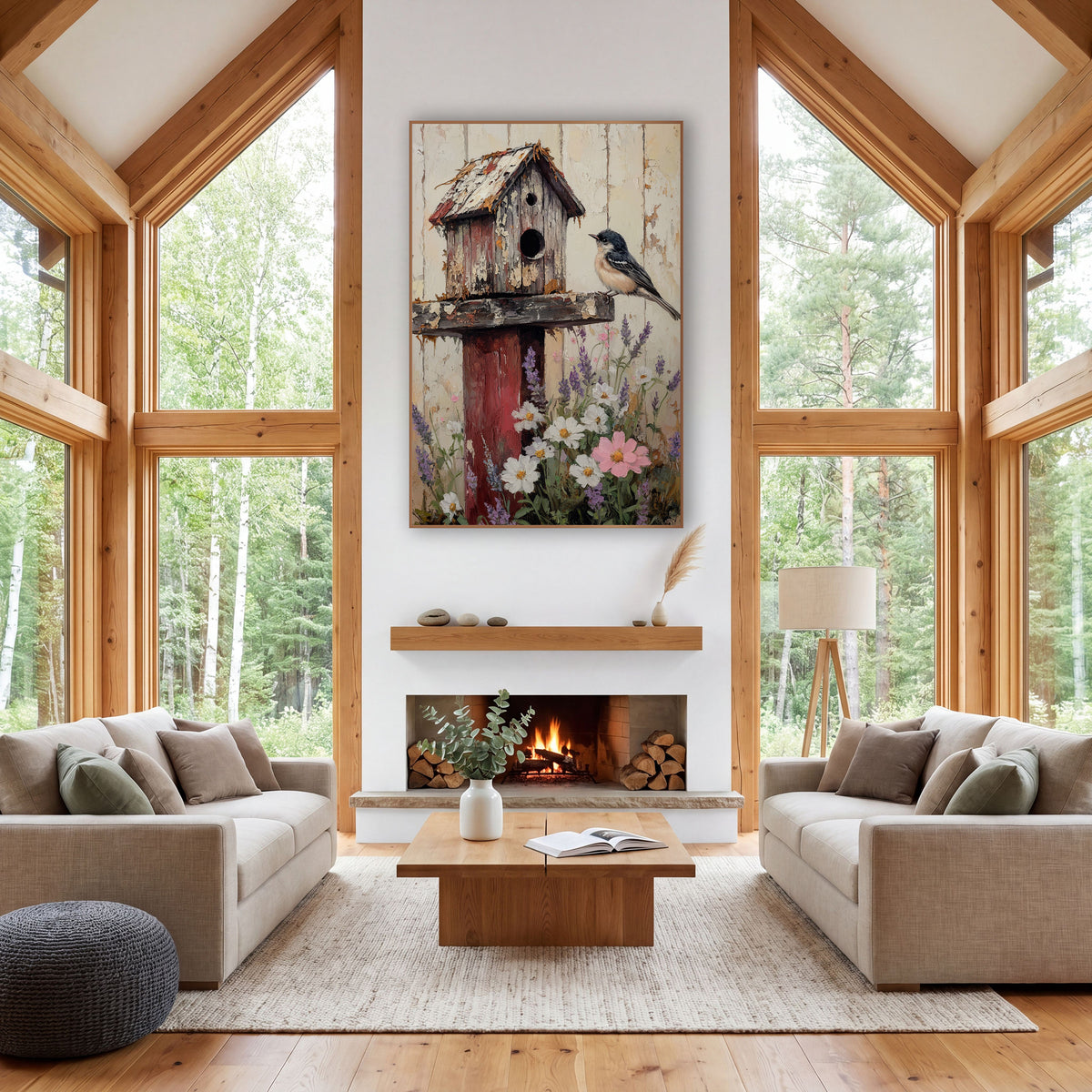 Rustic Birdhouse and Wildflowers Farmhouse wall art in a farmhouse-style room – weathered wooden birdhouse on a red