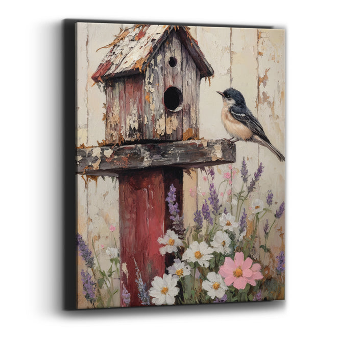 Rustic Birdhouse and Wildflowers Farmhouse Canvas Wall Art
