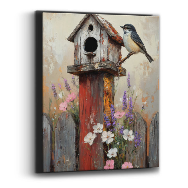 Rustic Birdhouse Fence Garden Farmhouse Canvas Wall Art