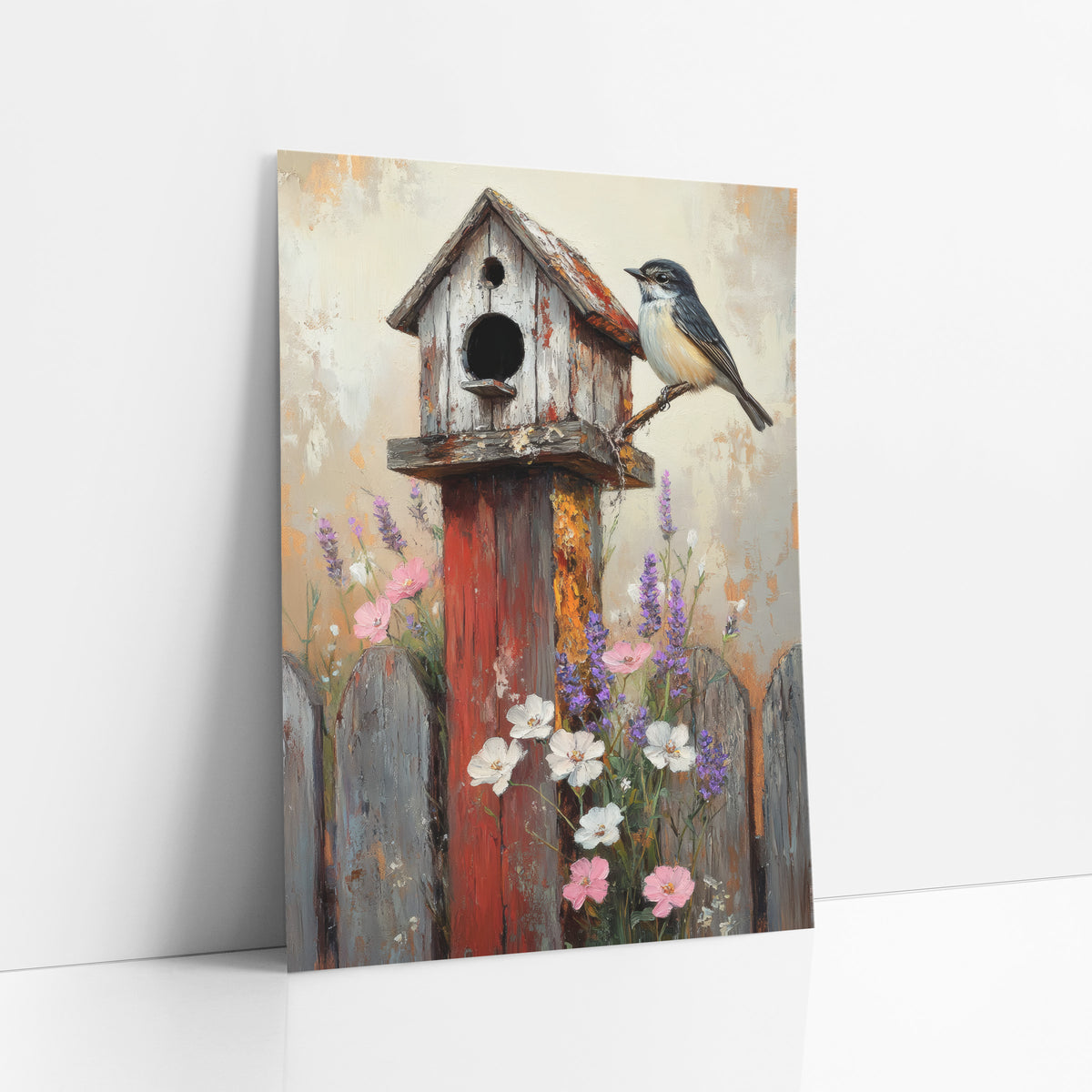 Rustic Birdhouse Fence Garden Farmhouse art print leaning against a white wall – small bird perched on a weathered birdhouse