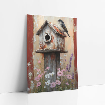 Rustic Birdhouse Wildflower Farmhouse art print leaning against a white wall – small gray and white bird on a weathered