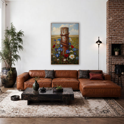 Wildflower Fence Post Farmhouse wall art in a farmhouse-style room – weathered fence post wrapped in rusty barbed