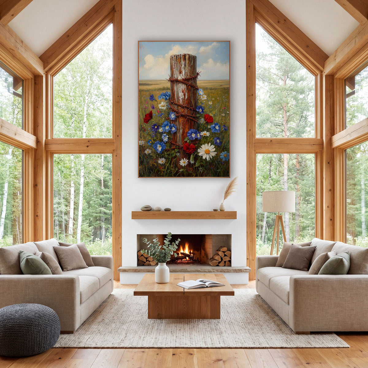Wildflower Fence Post Farmhouse wall art in a farmhouse-style room – weathered fence post wrapped in rusty barbed