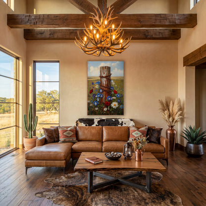 Wildflower Fence Post Farmhouse wall art in a farmhouse-style room – weathered fence post wrapped in rusty barbed