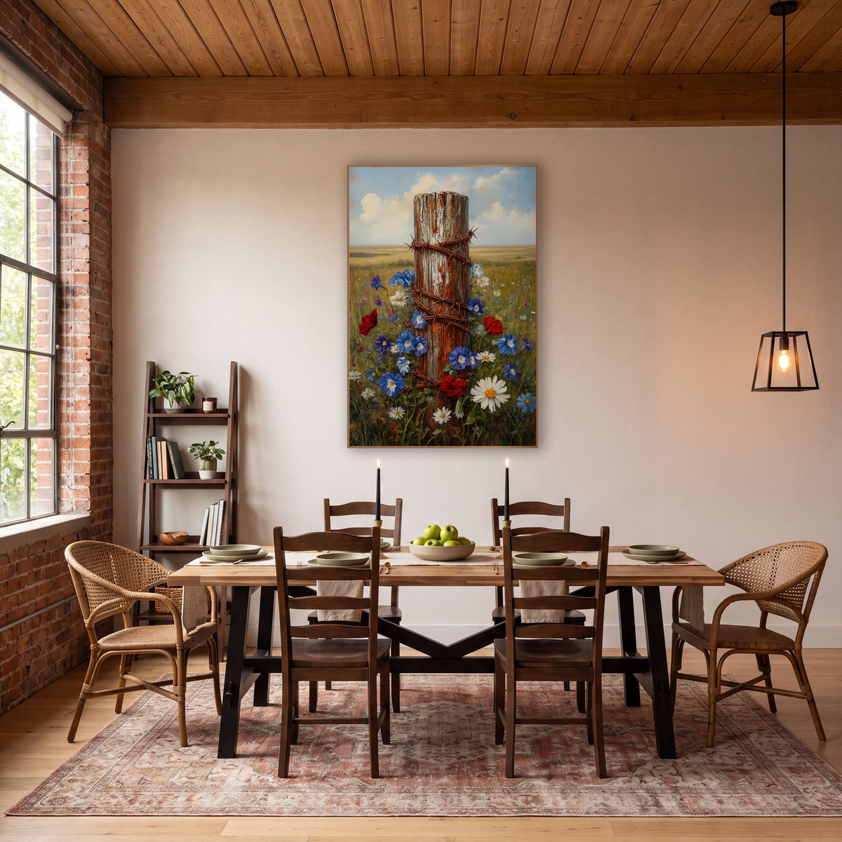 Wildflower Fence Post Farmhouse wall art in a farmhouse-style room – weathered fence post wrapped in rusty barbed