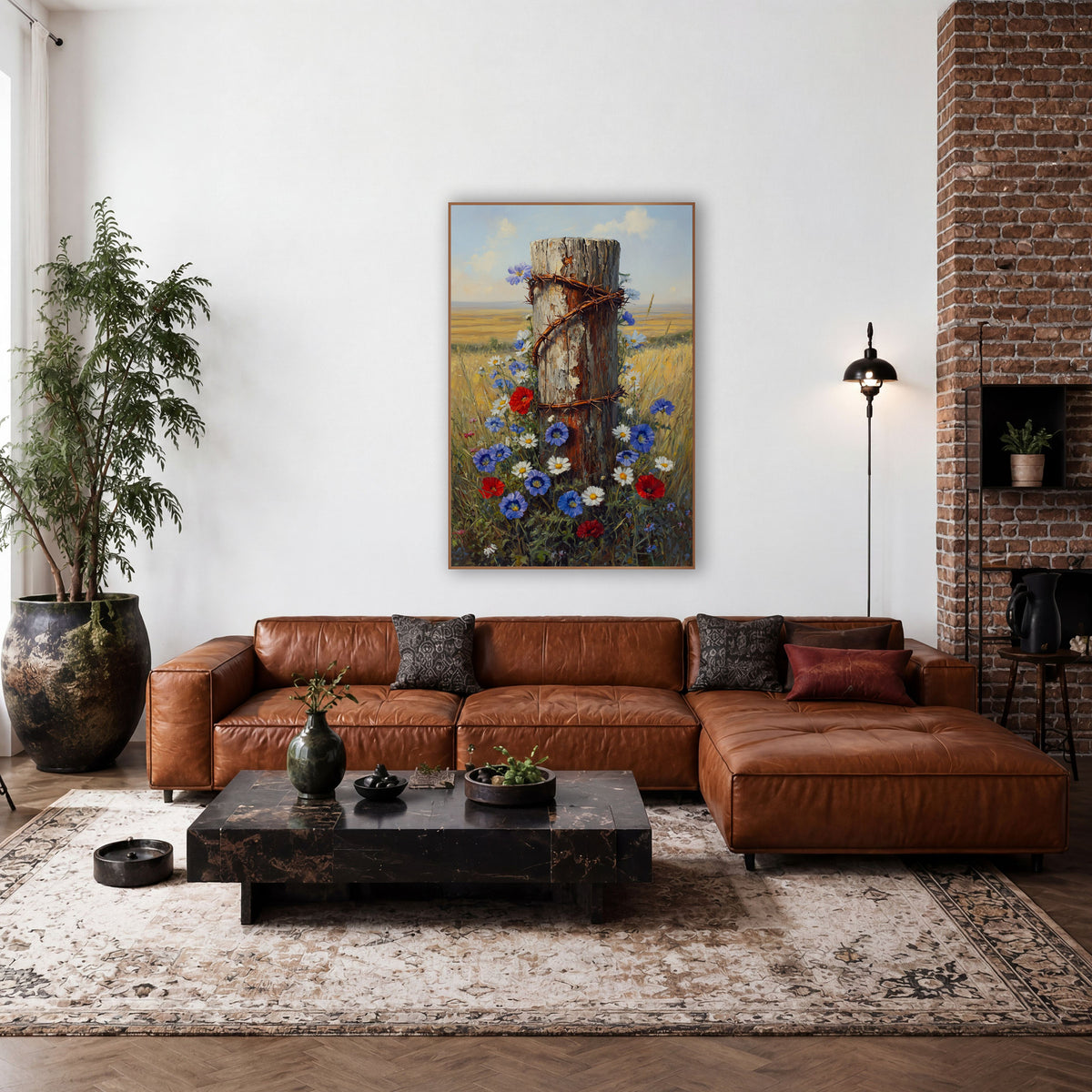 Wildflower Fence Post Americana Prairie wall art in a farmhouse-style room – weathered fence post wrapped in rusty