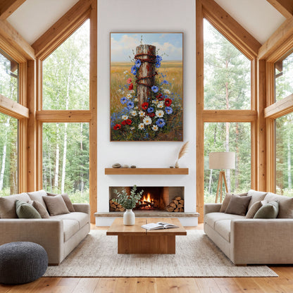 Wildflower Fence Post Prairie Farmhouse wall art in a farmhouse-style room – weathered wooden fence post with rusty
