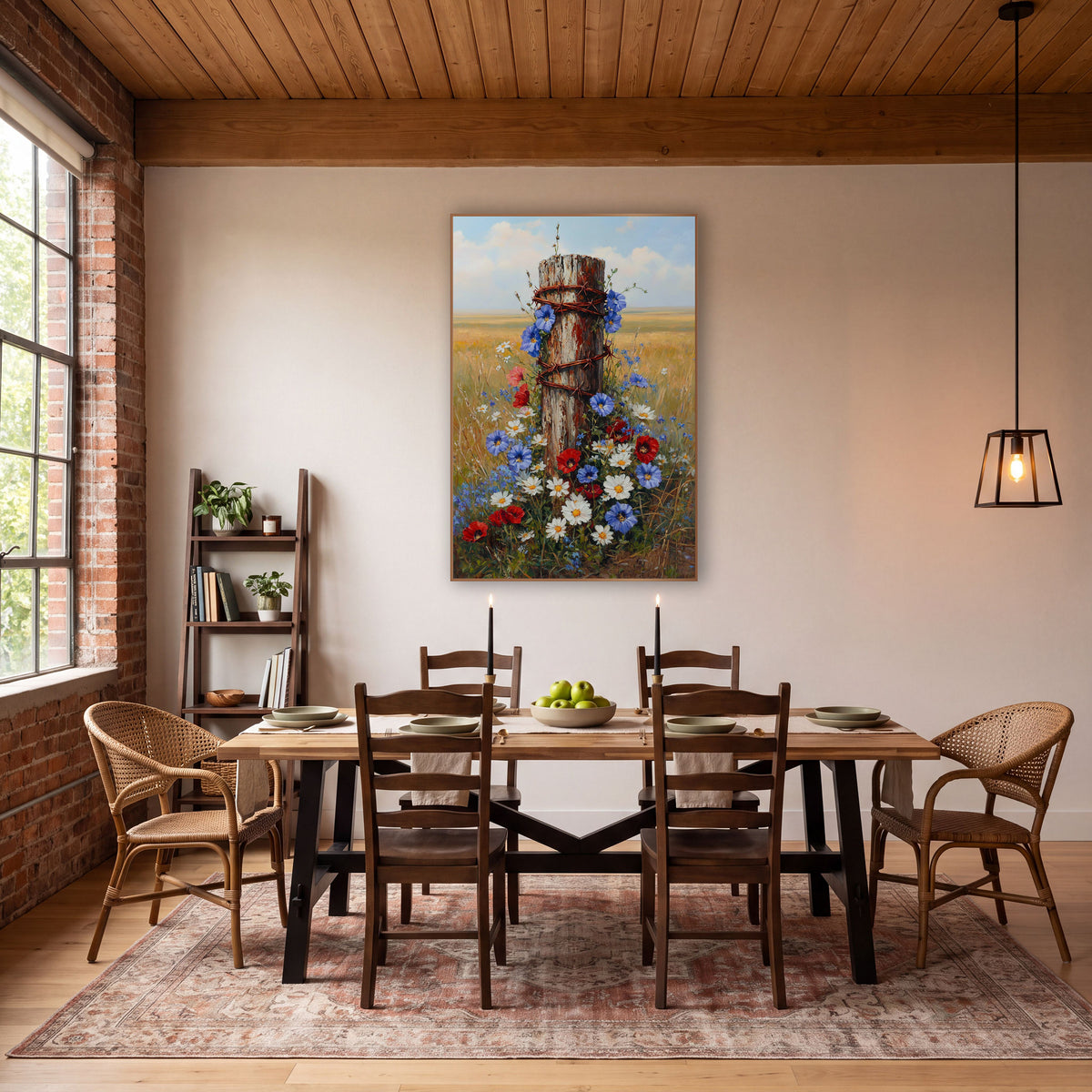 Wildflower Fence Post Prairie Farmhouse wall art in a farmhouse-style room – weathered wooden fence post with rusty