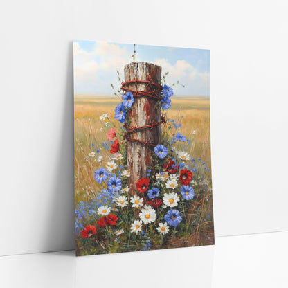 Wildflower Fence Post Prairie Farmhouse art print leaning against a white wall – weathered wooden fence post with rusty
