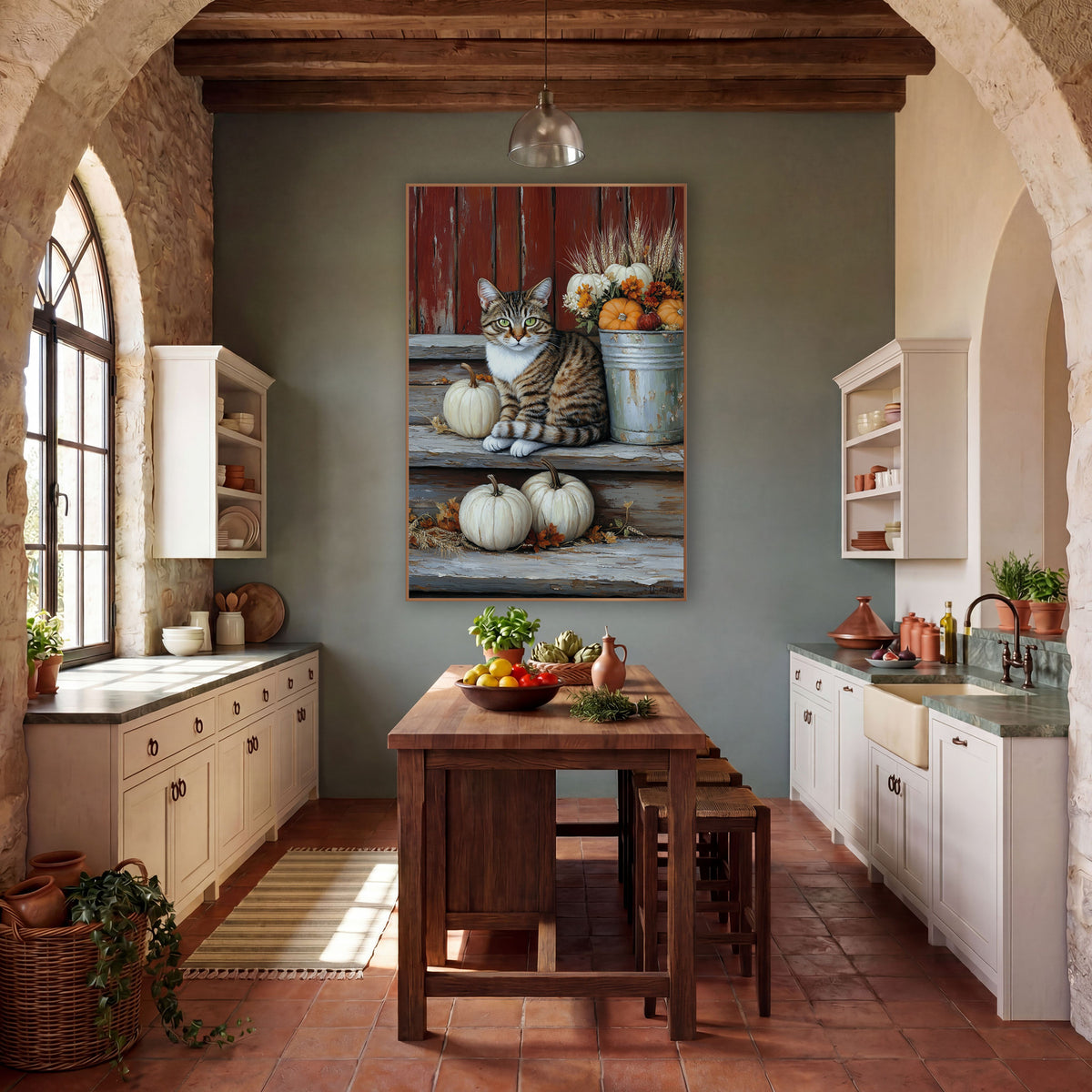 Tabby Steps White Pumpkins Rustic wall art in a farmhouse-style room – green-eyed tabby cat sitting on weathered porch