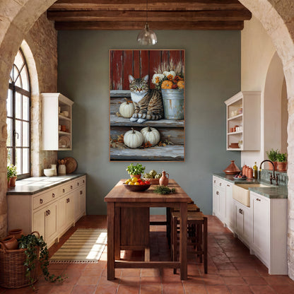 Tabby Steps White Pumpkins Rustic wall art in a farmhouse-style room – green-eyed tabby cat sitting on weathered porch