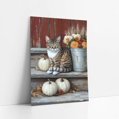 Tabby Steps White Pumpkins Rustic art print leaning against a white wall – green-eyed tabby cat sitting on weathered porch