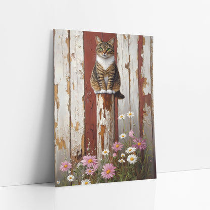 Tabby Cat Daisy Farmhouse Charm art print leaning against a white wall – tabby cat sitting on a weathered fence post