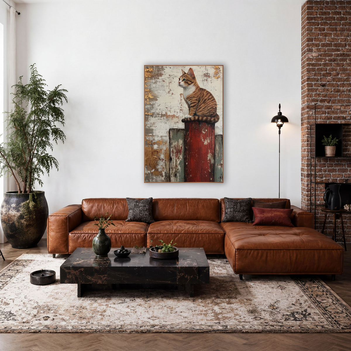 Tabby Cat on Red Post Farmhouse wall art in a farmhouse-style room – orange tabby cat with green eyes sitting