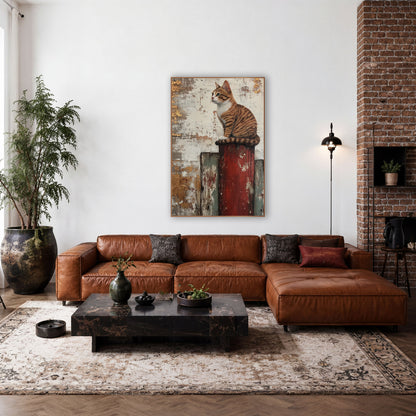 Tabby Cat on Red Post Farmhouse wall art in a farmhouse-style room – orange tabby cat with green eyes sitting