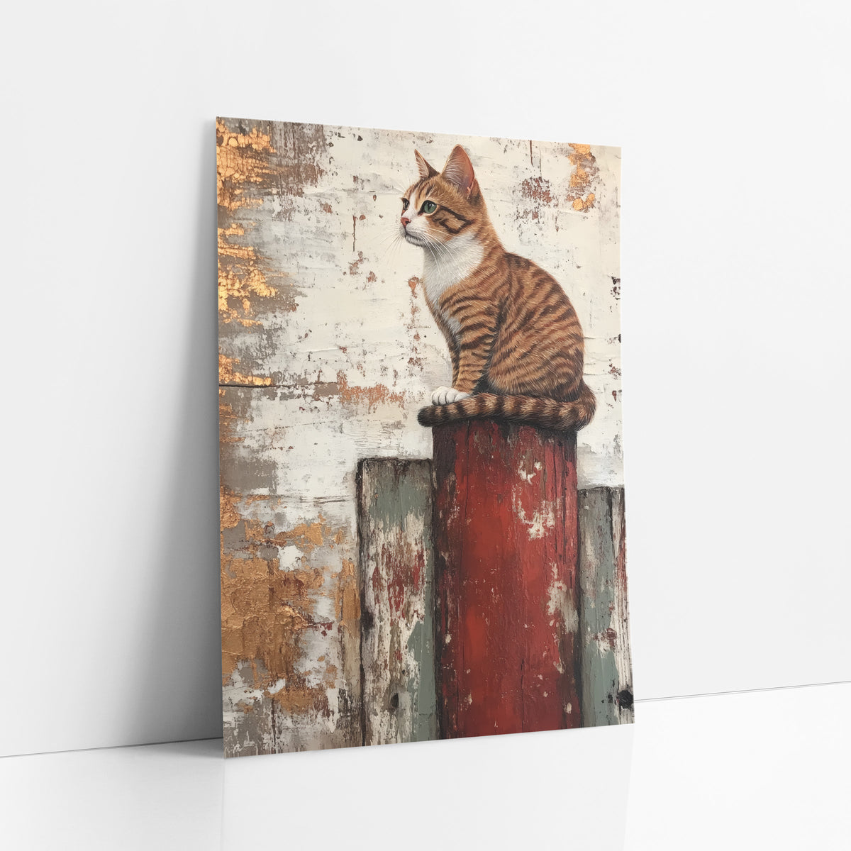 Tabby Cat on Red Post Farmhouse art print leaning against a white wall – orange tabby cat with green eyes sitting on a worn