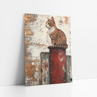 Tabby Cat on Red Post Farmhouse art print leaning against a white wall – orange tabby cat with green eyes sitting on a worn