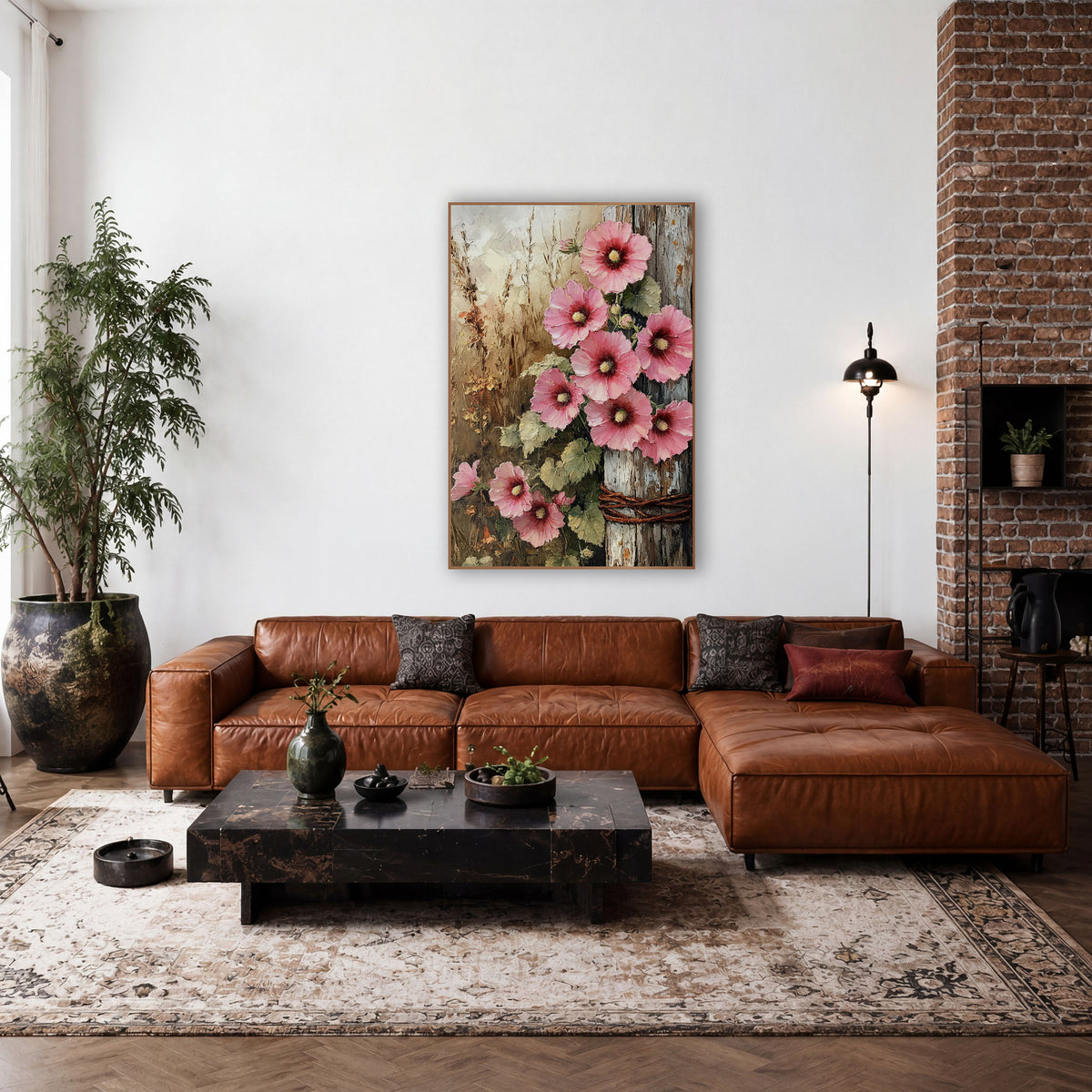 Pink Hollyhocks Red Post Rustic wall art in a farmhouse-style room – pink hollyhocks with magenta centers climbing