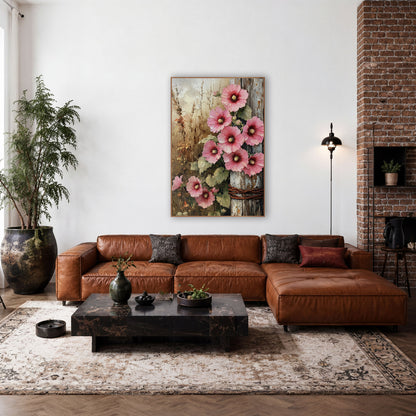 Pink Hollyhocks Red Post Rustic wall art in a farmhouse-style room – pink hollyhocks with magenta centers climbing