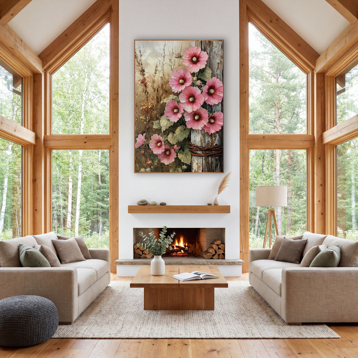 Pink Hollyhocks Red Post Rustic wall art in a farmhouse-style room – pink hollyhocks with magenta centers climbing
