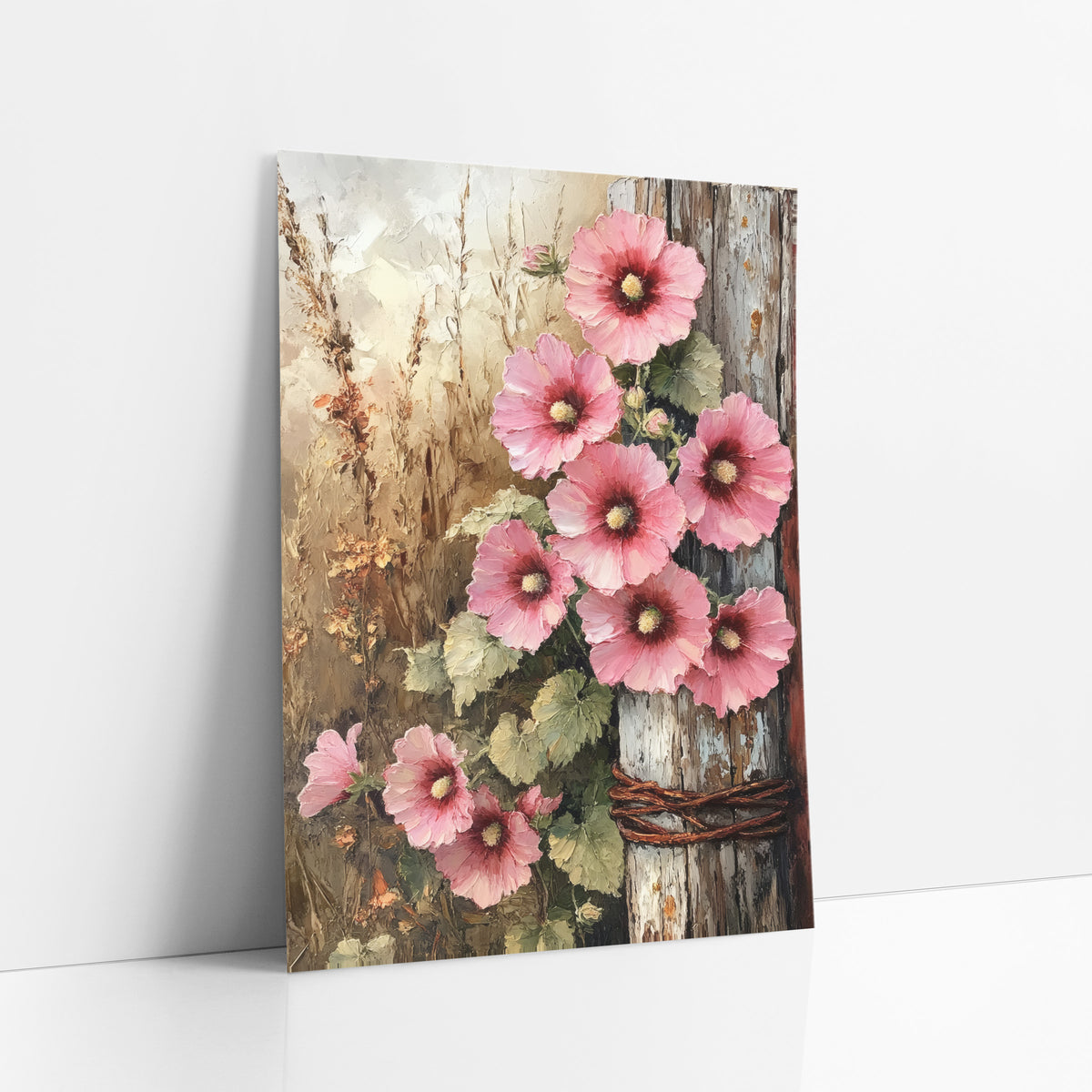 Pink Hollyhocks Red Post Rustic art print leaning against a white wall – pink hollyhocks with magenta centers climbing