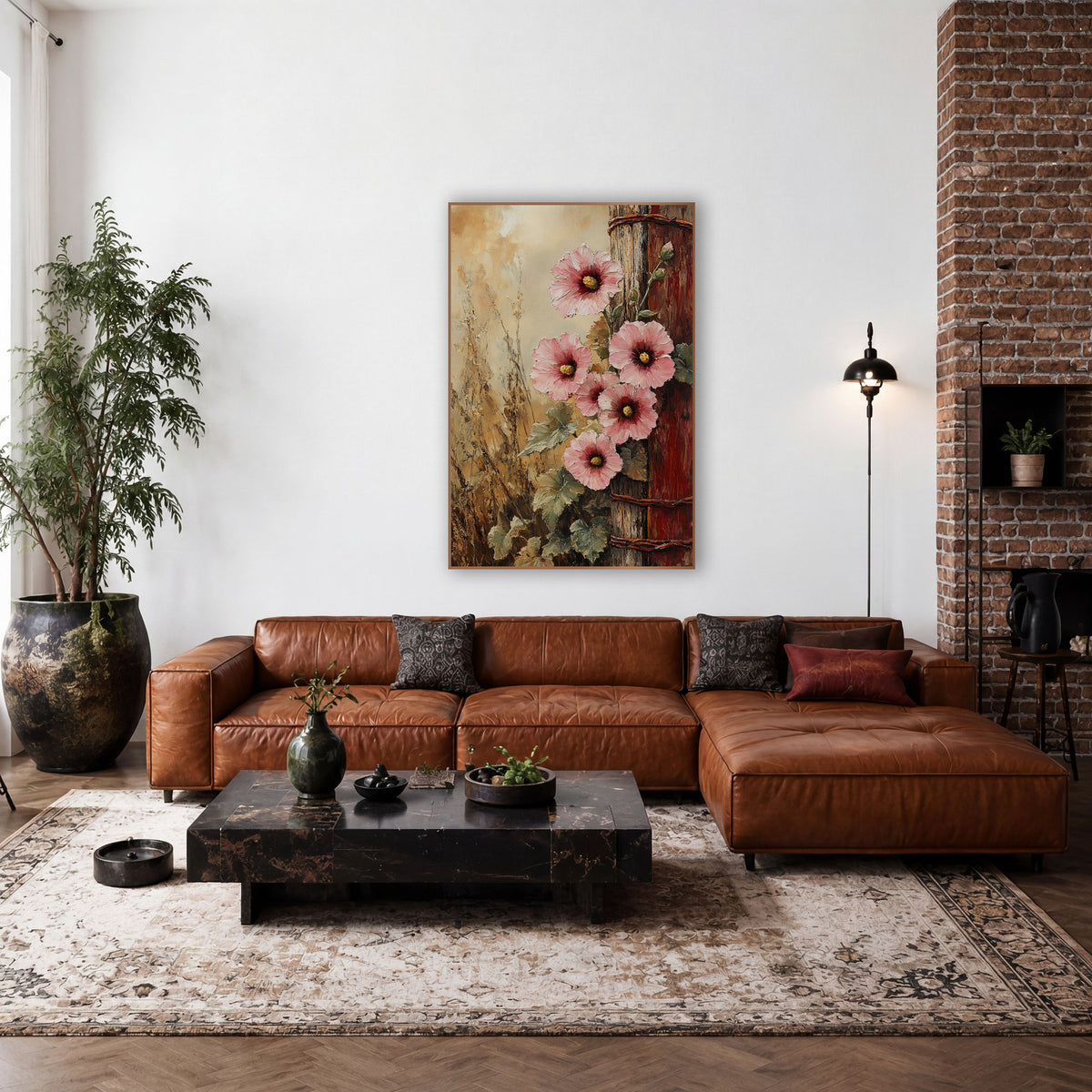 Pink Hollyhocks Rustic Fence Post Farmhouse wall art in a farmhouse-style room – pink hollyhock flowers climbing