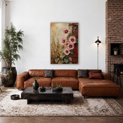 Pink Hollyhocks Rustic Fence Post Farmhouse wall art in a farmhouse-style room – pink hollyhock flowers climbing