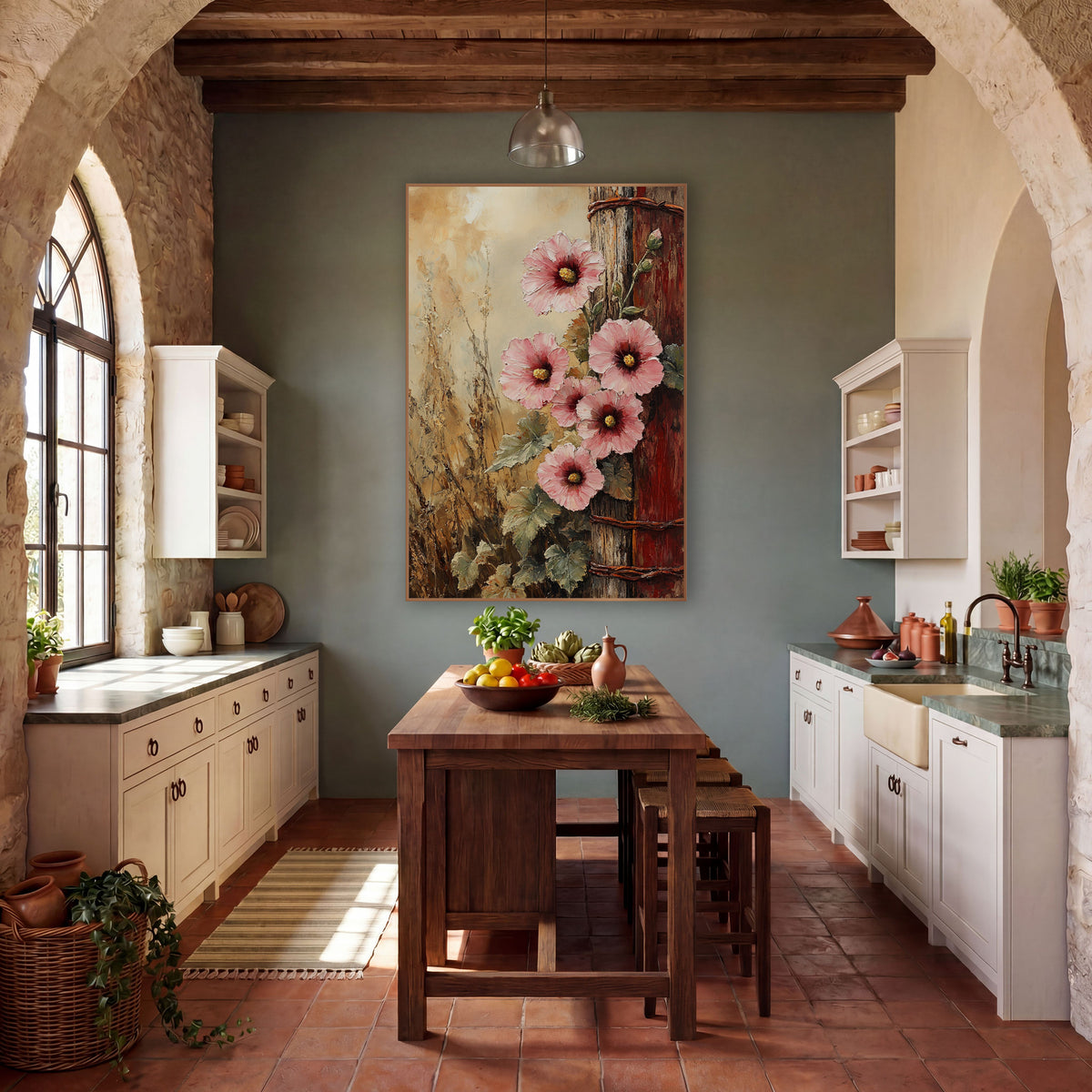 Pink Hollyhocks Rustic Fence Post Farmhouse wall art in a farmhouse-style room – pink hollyhock flowers climbing