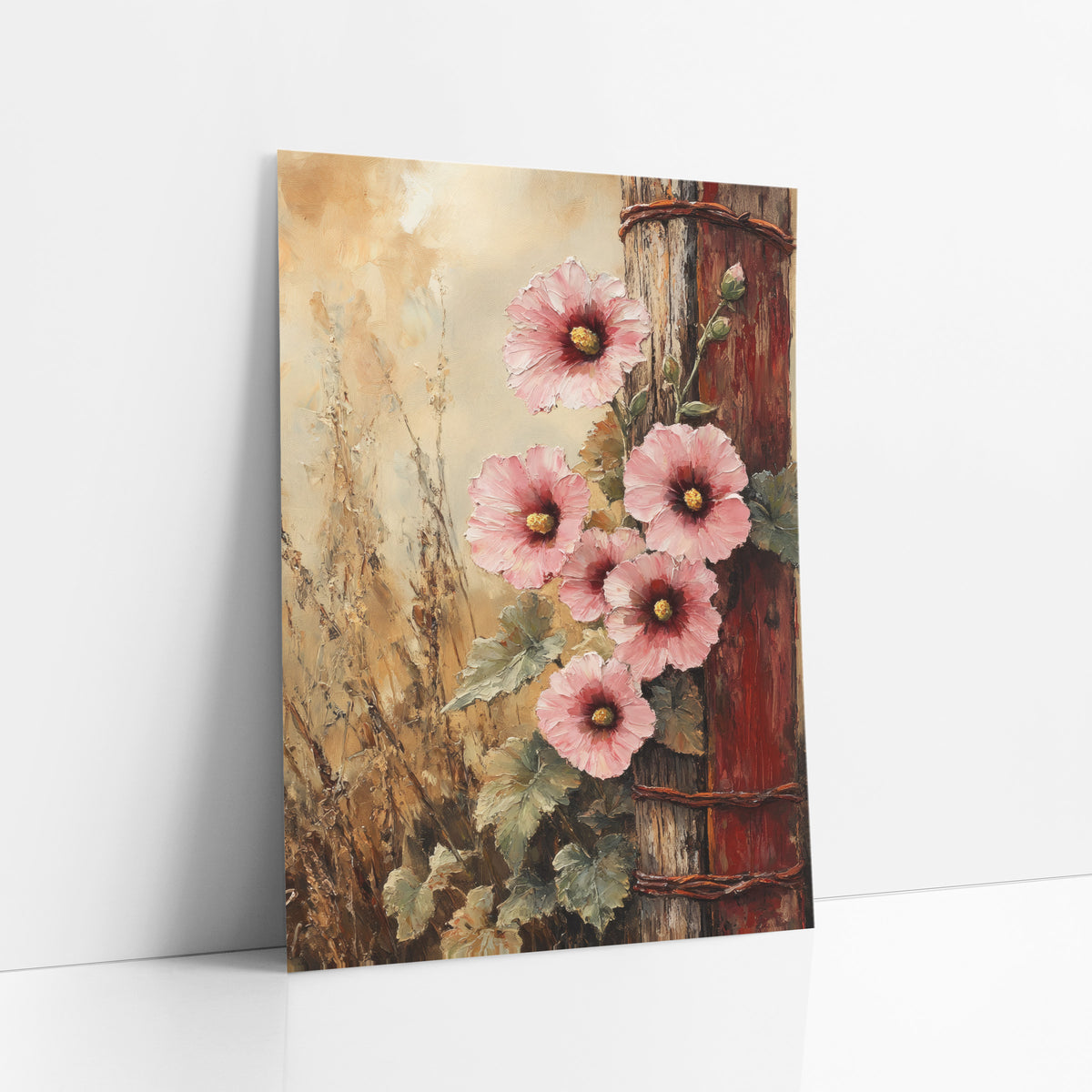 Pink Hollyhocks Rustic Fence Post Farmhouse art print leaning against a white wall – pink hollyhock flowers climbing