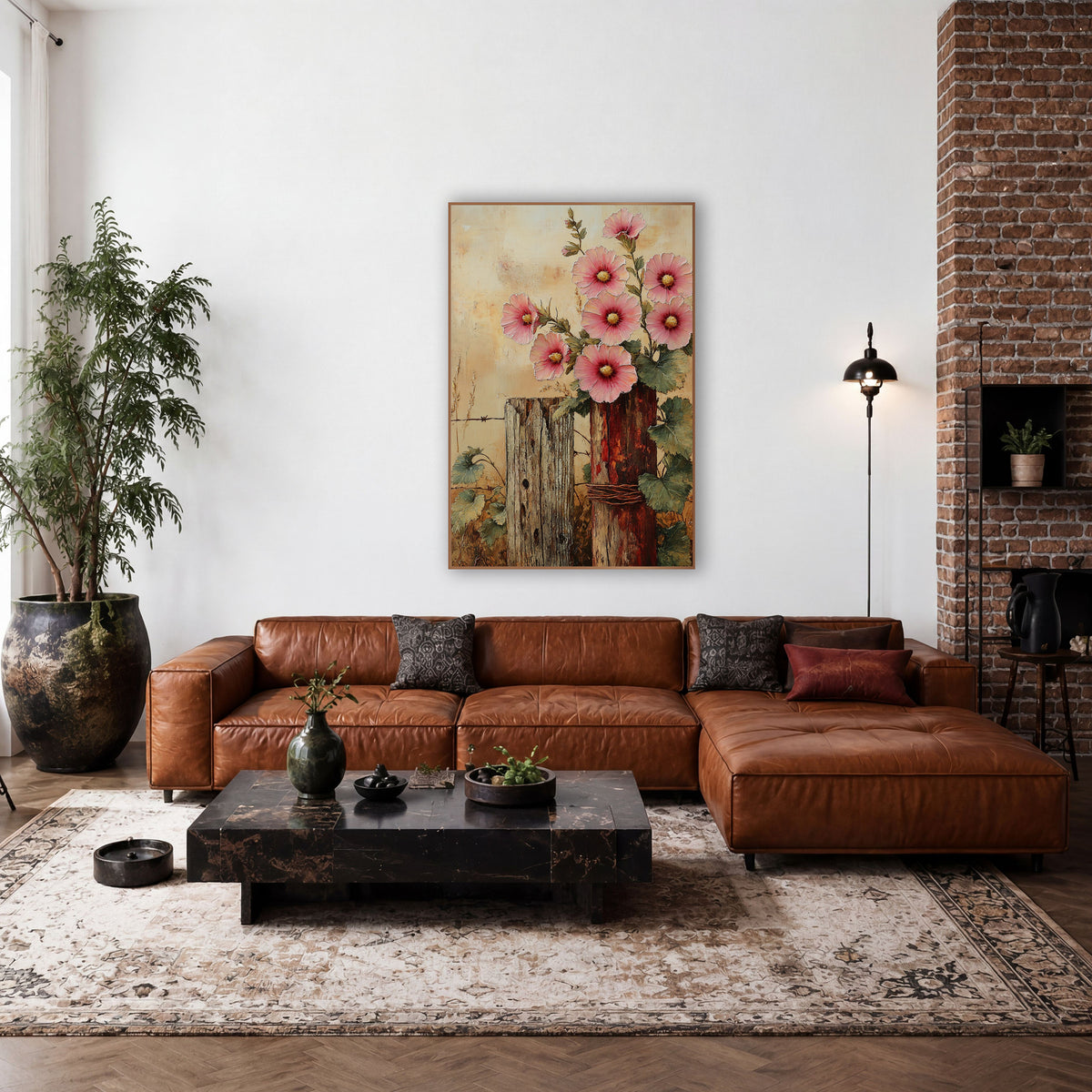 Hollyhocks Twin Posts Golden Vintage wall art in a farmhouse-style room – pink hollyhock flowers with golden centers