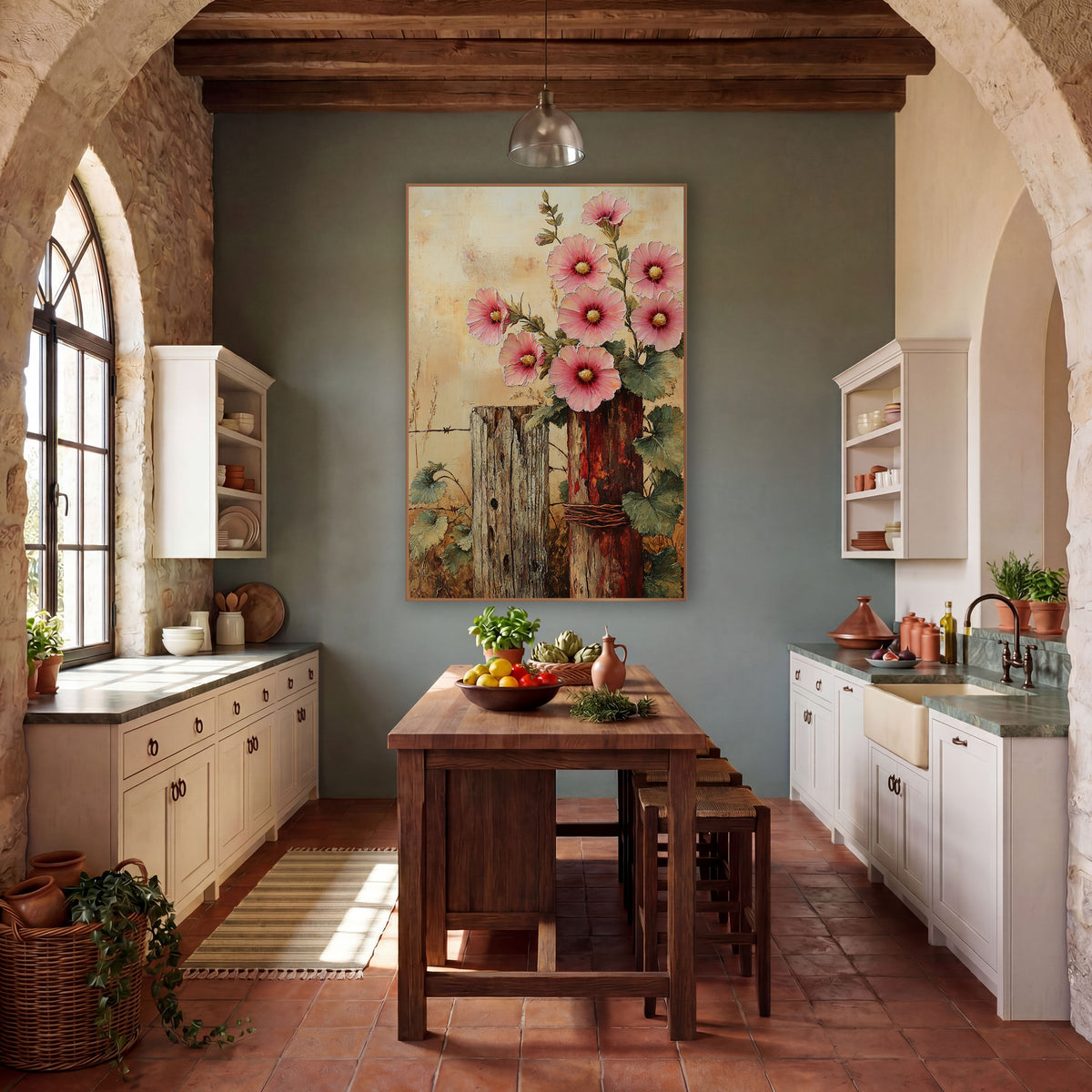 Hollyhocks Twin Posts Golden Vintage wall art in a farmhouse-style room – pink hollyhock flowers with golden centers