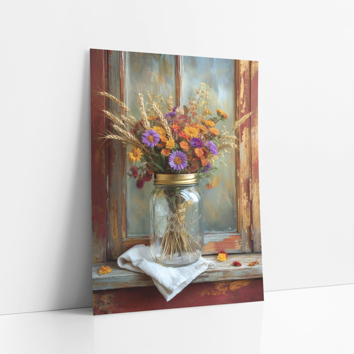 Mason Jar Peeling Red Shutter Farmhouse art print leaning against a white wall – glass mason jar with gold lid holding wheat
