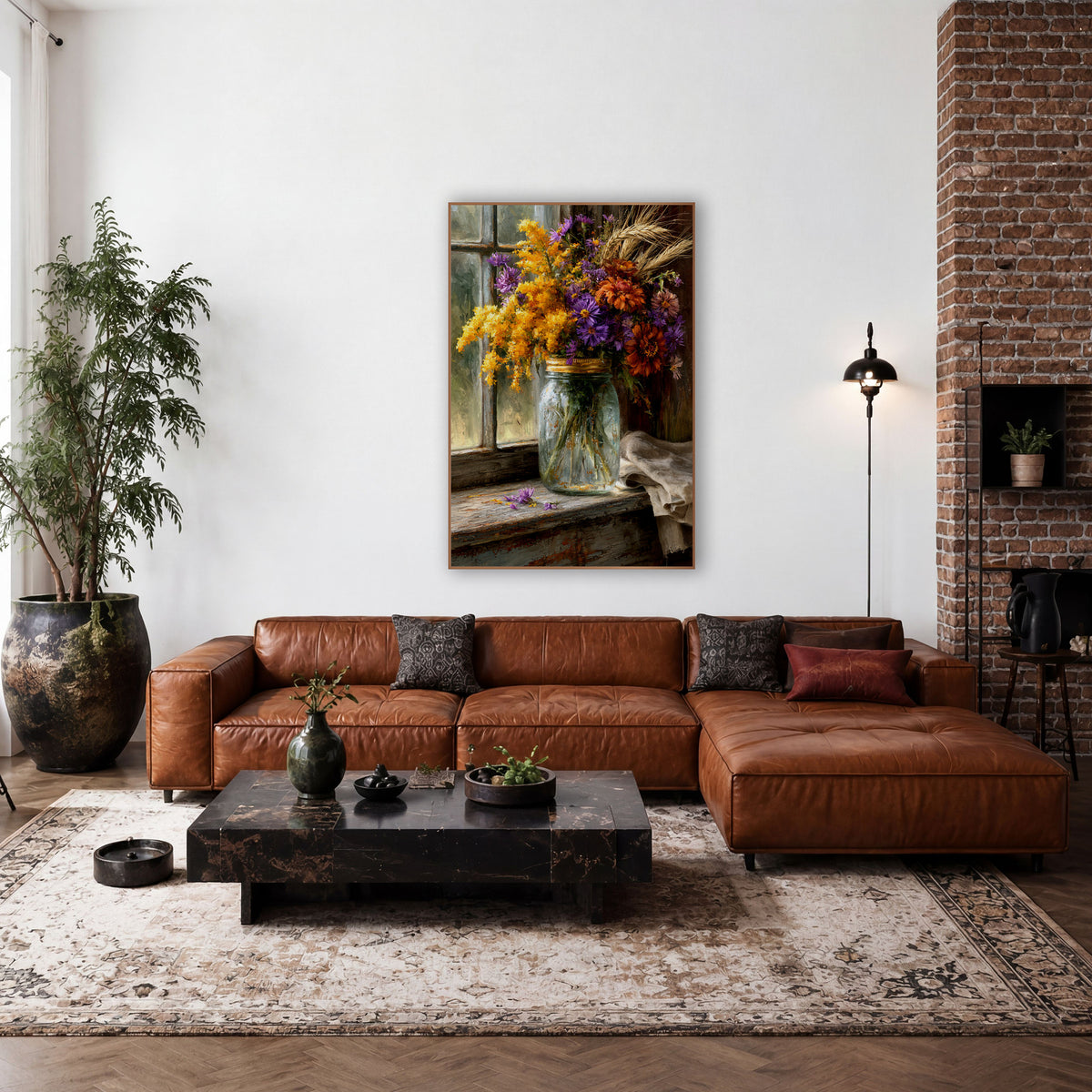 Autumn Wildflower Jar Farmhouse wall art in a farmhouse-style room – glass jar of yellow goldenrod, purple asters